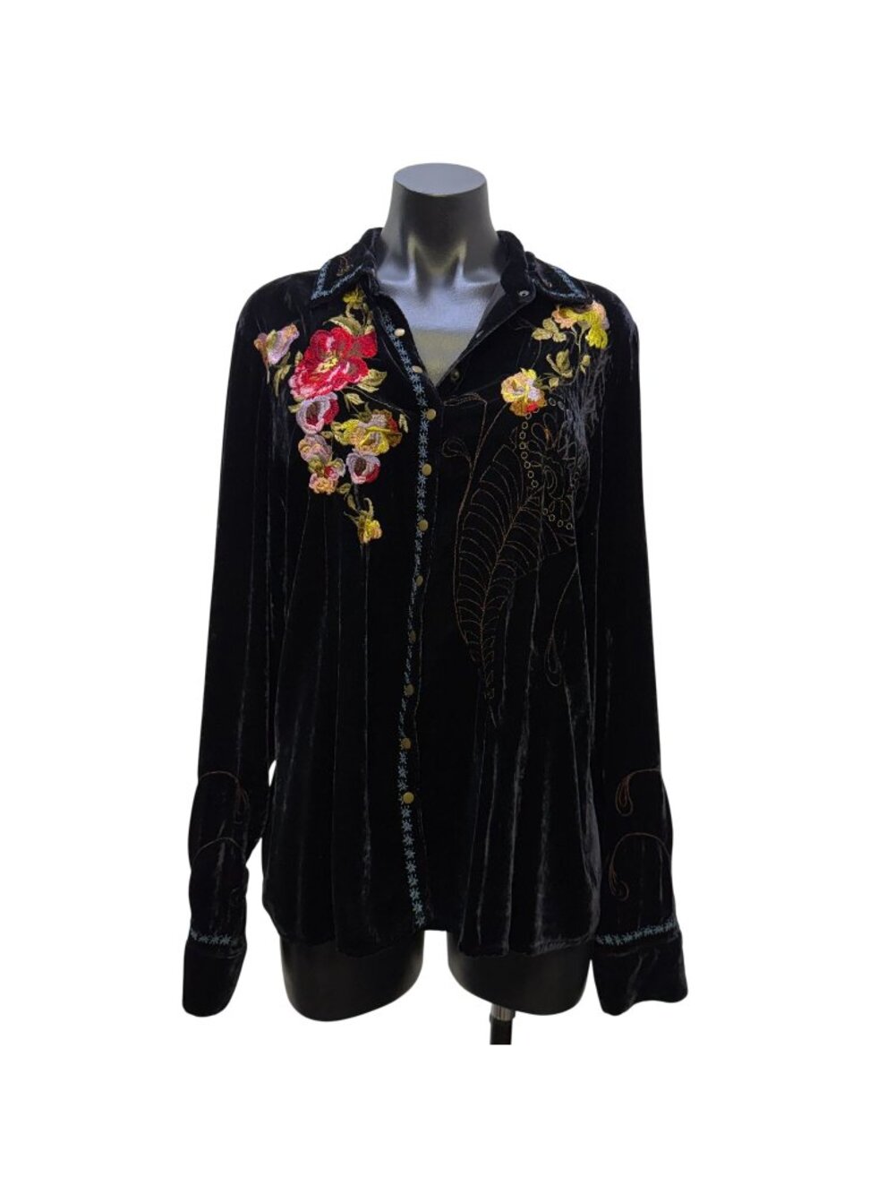 Johnny Was Black Velvet Floral Embroidered Button-Up Blouse Size L